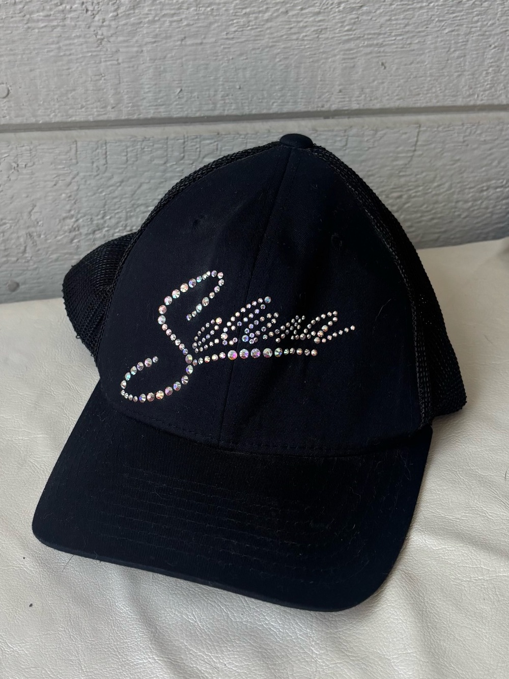 Rhinestone Script Black Trucker Hat